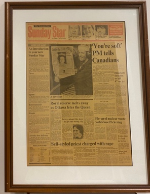 Lot # 6.12 Framed front page of The Toronto Star. Headline: “’You’re Soft’ PM tells Canadians”