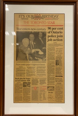 Lot # 6.3 Framed front page of TheToronto Star Headline: “Star enters new century”