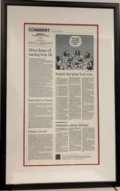 Lot # 6.8 Framed copy of Toronto Star comment section