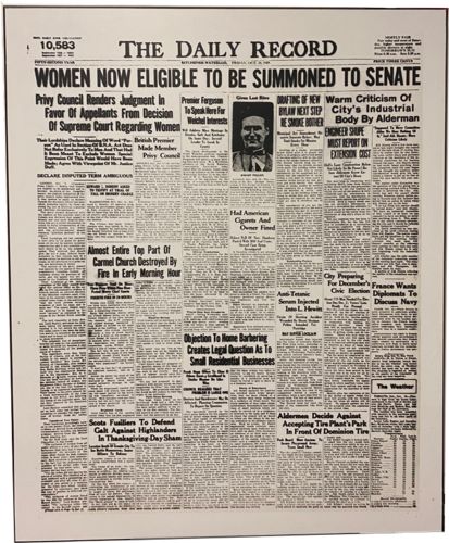 Image for Lot #30.3 The Daily Record Friday October 18th 1929 “Women now eligible to be summoned to senate”