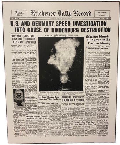 Lot #30.4 Kitchener Daily Record Friday May 7th 1937 “US and Germany Speed Investigation into Case of Hindenburg Destruction”