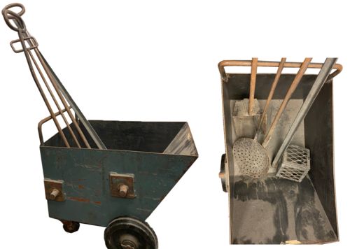 Image for Lot #38.0 Solid Heavy Steel Cart on wheels with Steel Implements – one with square metal basket with lid and pin to lock 48”, two with circular slots - small 45” - large 53 ½