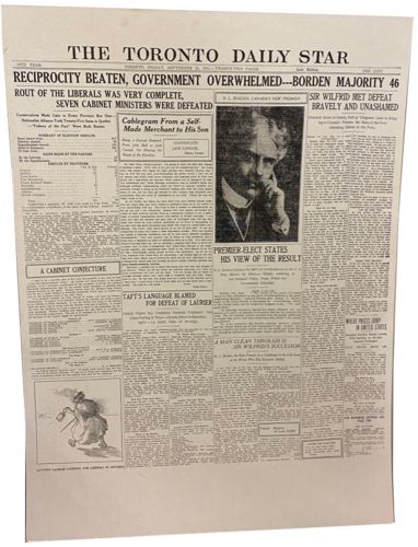 Lot # 42.1 The Toronto Daily Star September 22nd, 1911 Headline “ Reciprocity beaten. Government overwhelmed Borden majority 46”