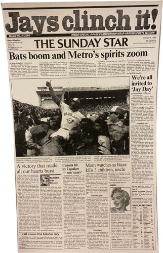 Lot # 42.5 The Sunday Star October 6th 1985 “Jays Clinch It!”