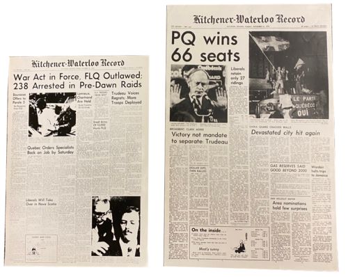 Lot #52.0 – Black and White Prints Kitchener Daily Record “War Act” “PQ Wins”